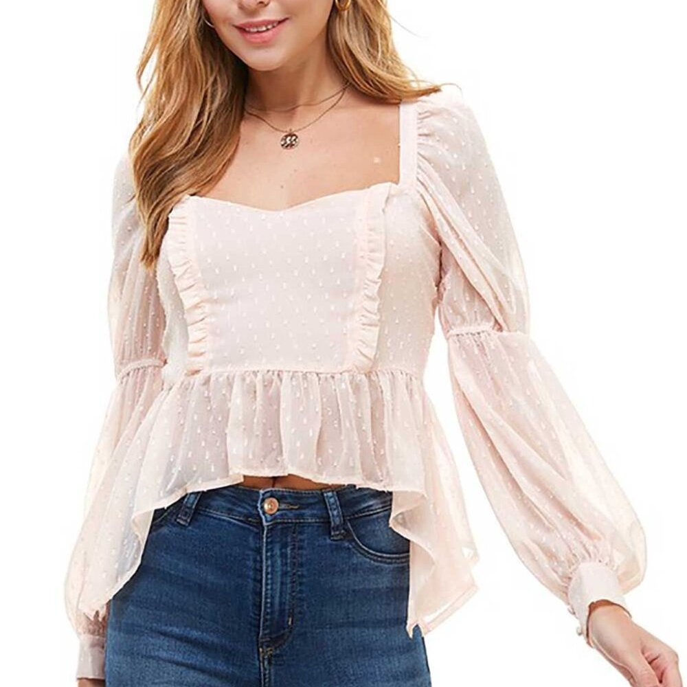 ACOA Swiss dot peplum long sleeve ruffle front blouse